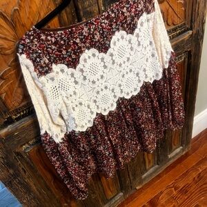 Judith March Burgundy Floral A-Line Skirt with Cream Lace